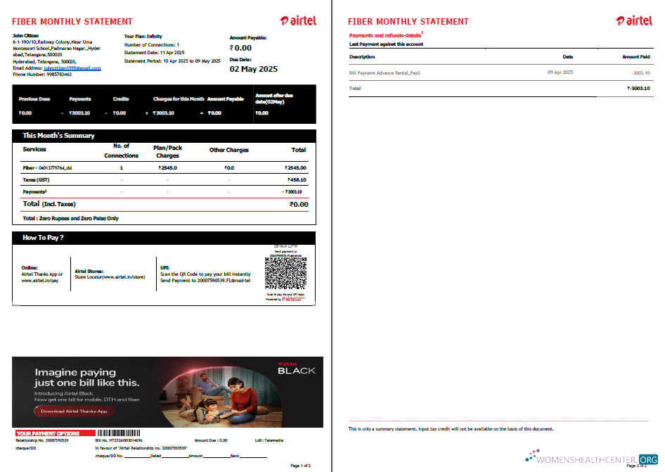 download India Airtel utility bill template in Word and PDF formats, 2 pages, version 4 PDF template